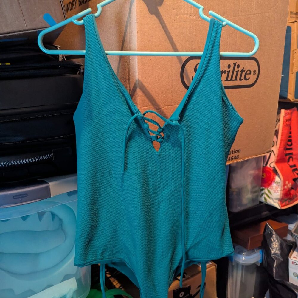 Strange Bikini Stryker Monokini One Piece, Blue Teal size XL, vintage color